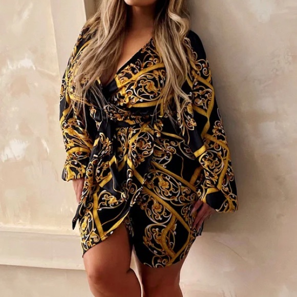 BAROQUE PRINTED TULIP HEM DRESS GOLD/BLACK 2X NWOT - Picture 6 of 6